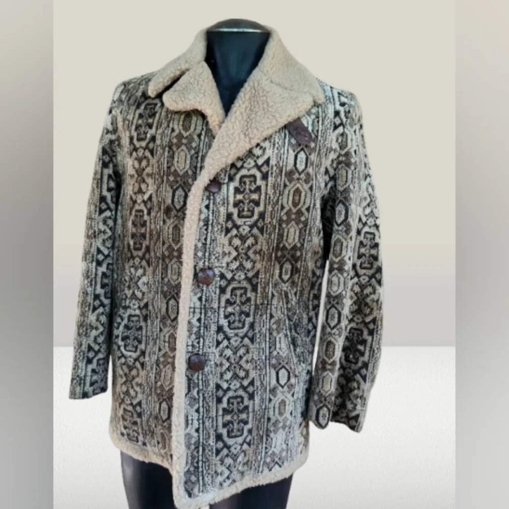 Vintage 70s Tapestry Carpet Lakeland Coat Jacket Medium 38 Sherpa 44" Chest - Picture 1 of 9